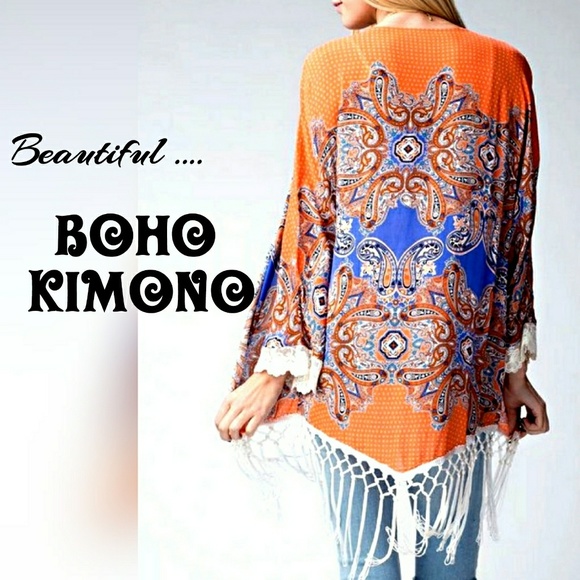 desireshoppe Tops - Boho Paisley Kimono With Lace & Fringe Detail